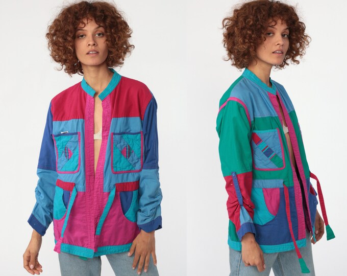Retro Color Block Jacket Bright Reversible Jacket 80s Retro Color Block Cotton Jacket Simple Tie ...