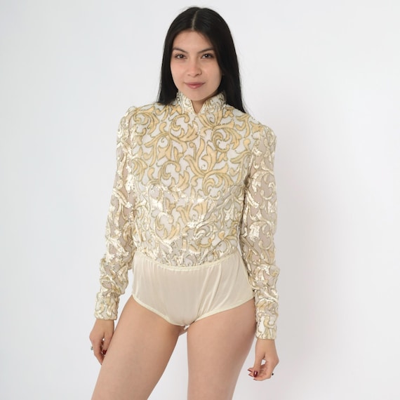 Vintage Metallic Velvet Burnout Bodysuit Sheer 80s Ivory Gold High Neck Mandarin Collar Long Sleeve Evening Top Scroll Print Extra Small xs