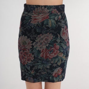 Floral Corduroy Skirt 80s Navy Blue Mini Skirt Grunge Pencil Skirt Retro High Waisted Bohemian Miniskirt Vintage 1980s Byer of California XS image 6