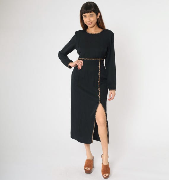 Vintage 90s Black Midi Dress Leopard Print Trim Front Slit Long Sleeve 1990s High Waisted Split Front Animal Print Small Medium