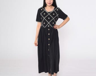 Vintage Schwarzes Blumen Kleid 90er Jahre Grunge Gestickte Blume Gingham Gitter Button Up Maxi Maxi Baumwolle Loose Fit Kurzarm Sommer Kleine S