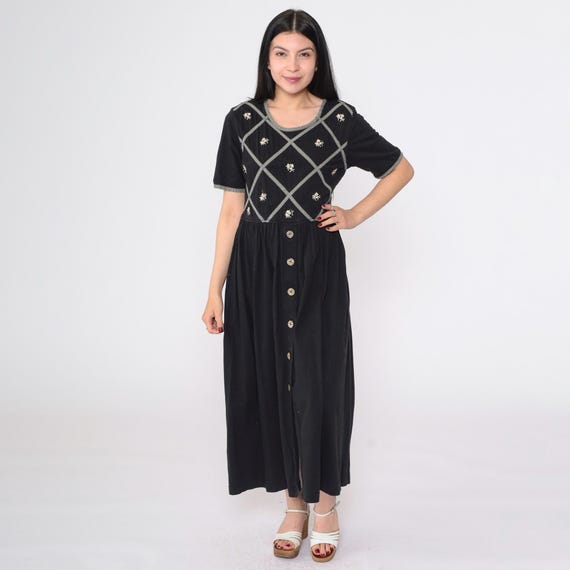 Vintage Black Floral Dress 90s Grunge Embroidered Flower Gingham Lattice Button Up Maxi 1990s Cotton Loose Fit Short Sleeve Summer Small S