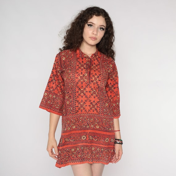 Floral Tunic Dress Micro Mini Boho Blouse SHEER Top Vintage 80s Orange Blue Paisley Hippie Dress Long Sleeve Button Up Bohemian Small S