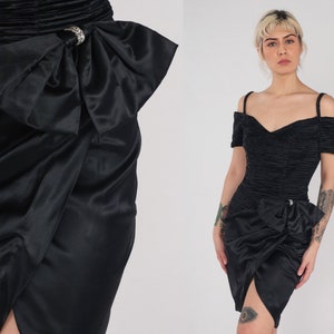 90s Party Dress Black Off Shoulder Mini Dress Rhinestone Bow Pencil Dress Sheath Bodycon Front Slit Cocktail Formal Zum Zum Vintage 1990s XS