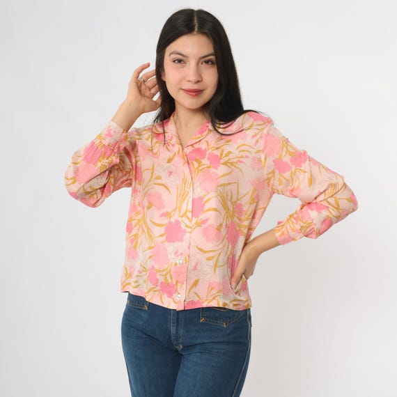 Sheer Floral Blouse Vintage 60s Pink Yellow Button Down Long Sleeve Top Lightweight Collared Shirt Garden Party Mod Summer Spring Medium M