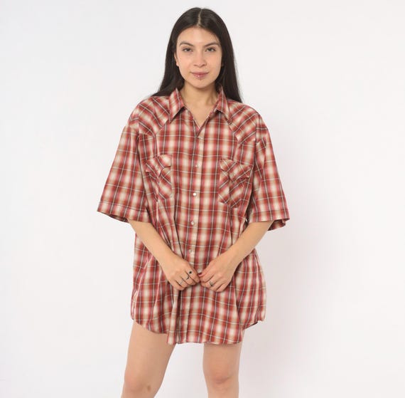 90s Western Snap Button Plaid Shirt Burgundy Tan Pearl Snap Cowboy Country Ranch Wear Grunge Flannel Camp Collar Red Vintage Extra Large XL