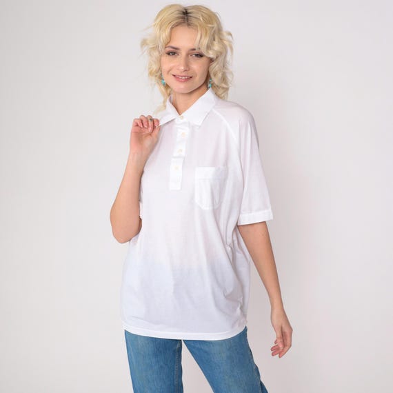 80s White Polo Shirt Tournament Tennis Shirt Collared Short Raglan Sleeve Button Up Plain Casual Single Stitch Vintage 1980s Large