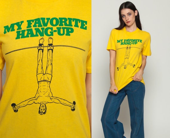 Graphic T Shirt My FAVORITE HANG-UP Gravity Boots Bodybuilding Shirt Burnout Tee 80s Slogan Vintage Retro T Shirt Yellow Small