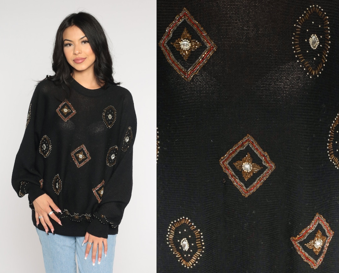 Black Beaded Sweater 90s Sparkly Pullover Knit Sweater Semi Sheer