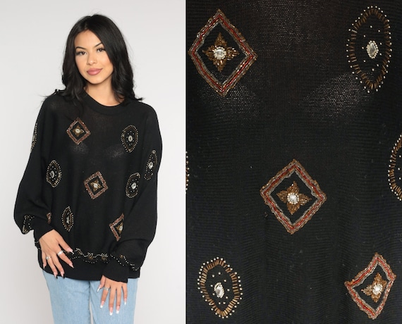 Black Beaded Sweater 90s Sparkly Pullover Knit Sweater Semi Sheer Geometric Rhinestone Bead Glam Retro Vintage 1990s Acrylic Extra Large xl