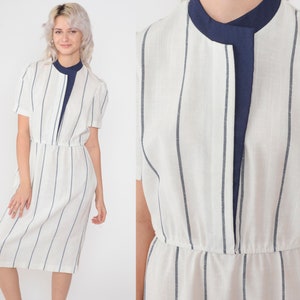 White Striped Dress 80s Midi Dress Puff Sleeve Day Dress Navy Blue Trim High Waisted Pencil Retro Casual Secretary Vintage 1980s Large L