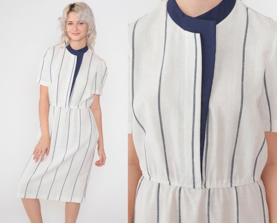 White Striped Dress 80s Midi Dress Puff Sleeve Day Dress Navy Blue Trim High Waisted Pencil Retro Casual Secretary Vintage 1980s Large L