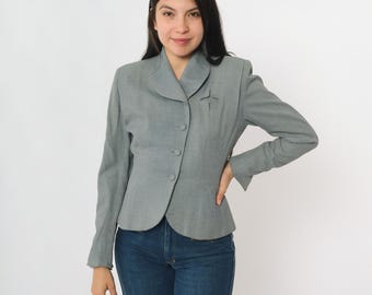 Chaqueta blazer gris vintage de los años 40, corta, con cintura esculpida, cuello chal, manga larga, estilo Segunda Guerra Mundial, chaqueta de traje ajustada de los años 40, con botones, talla extra pequeña xs