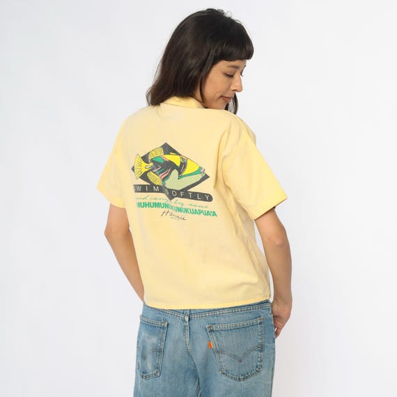 90s Hawaiian Shirt HUMUHUMUNUKUNUKUAPUA'A Hawaii Yellow Cotton Cropped Fish Crazy Shirts Vintage Beach Resort Vacation Tropical Camp Small S
