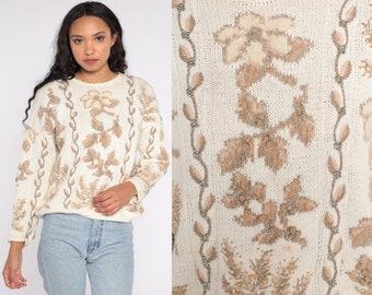 Beaded Floral Sweater 80s Off-White Knit Sweater Boho Beaded Ramie Cotton Sweater 90s Pullover Vintage Medium