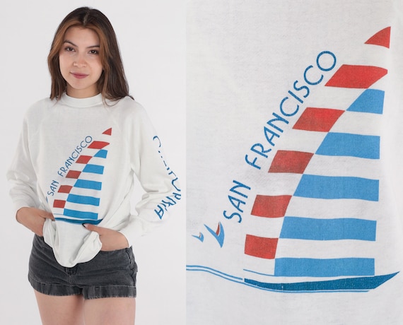 San Francisco Sweatshirt 80s California Sweater Sailboat Graphic Shirt Pullover Crewneck Raglan Sleeve White Retro Boat Vintage 1980s Small