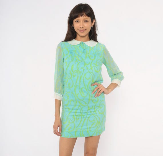 60s Psychedelic Swirl Mini Dress Aqua Lime Peter Pan Collar Sheer Shift Cotton Babydoll Tie Front Mod Green Blue Vintage Extra Small XS