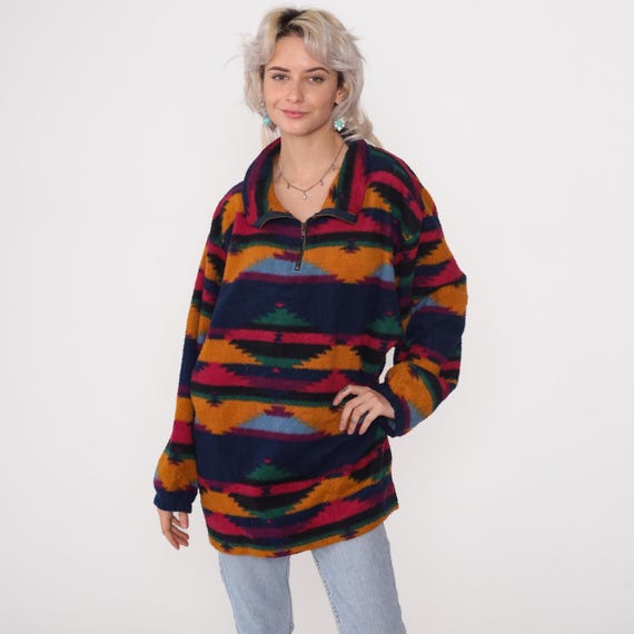 Southwestern Fleece 90s Vintage Aztec Half Zip Pullover Multicolor Tribal Print Denim Express Red Navy Gold Green Blue Winter Large L