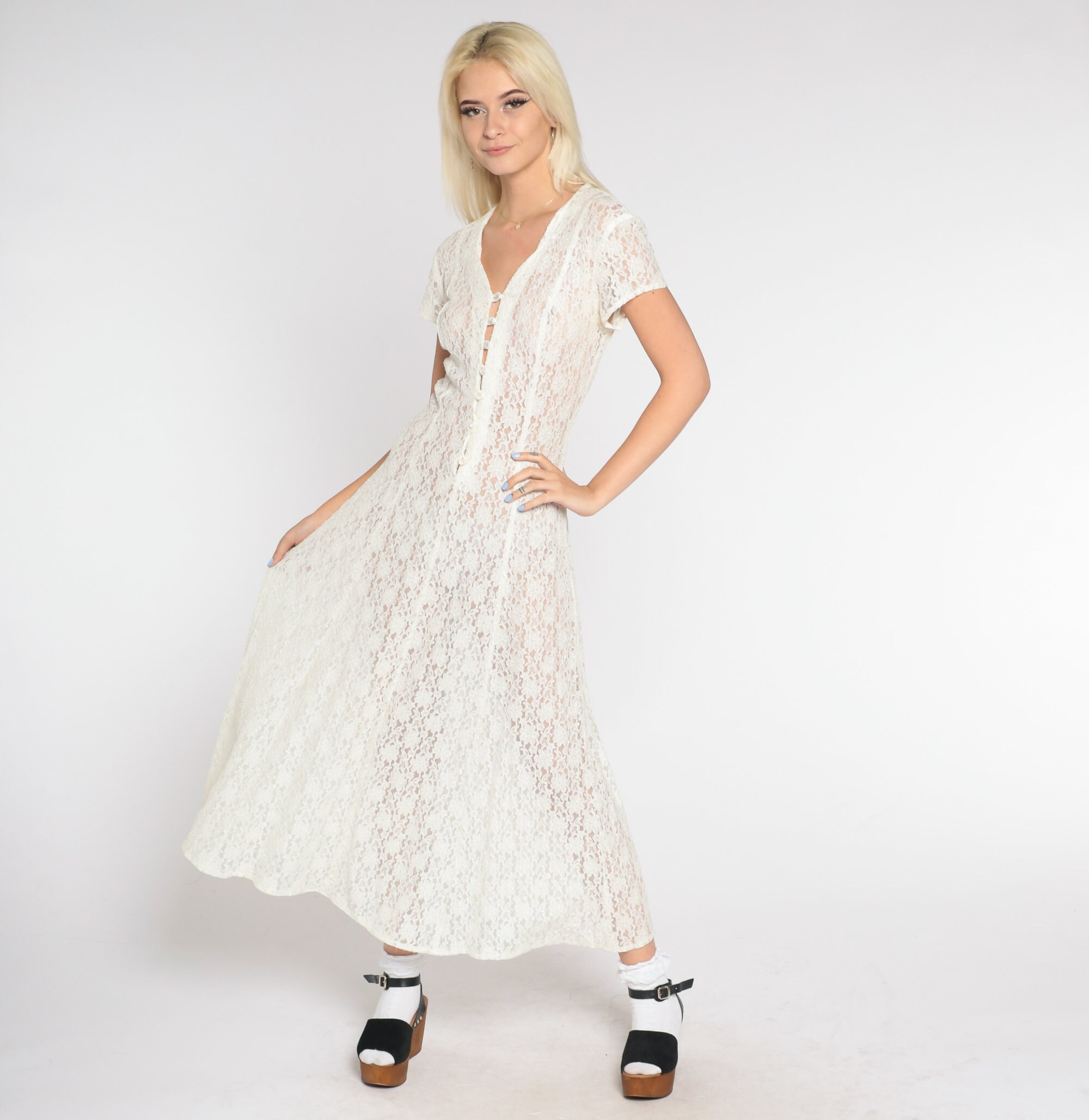 White Lace Maxi Dress 90s All That Jazz Sheer Dress Grunge Boho Hippie
