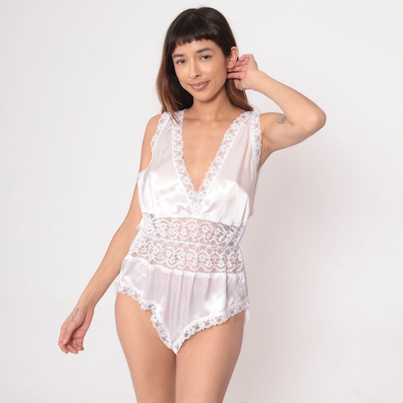 Pale Pink Lace Teddy 80s Sheer Lacy Deep V Neck Lingerie Bodysuit Romper One Piece Tank Strap Leotard Boudoir Vintage 1980s Medium