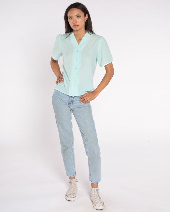 Puff Sleeve Blouse 70s 80s Seafoam Blue Shirt Pla… - image 3