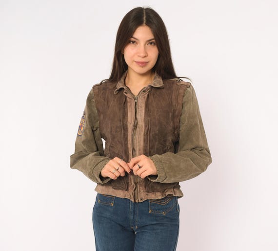 80s Brown Leather Bomber Jacket Berman's Two Tone Olive Green Grey Cropped Moto Coat Embroidered Patch Grunge Alt Vintage Extra Small XS