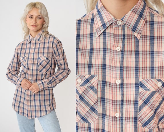 80s Plaid Shirt Button Up Blouse Blue Red Cream Checkered Print Long Sleeve Chest Pocket Top 1980s Vintage Men's Small