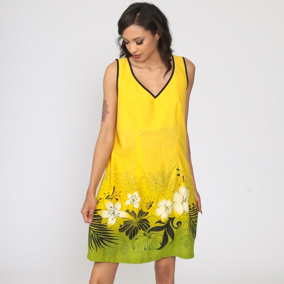 70s Floral Dress Boho Sundress Mini Yellow Sun Dr… - image 3