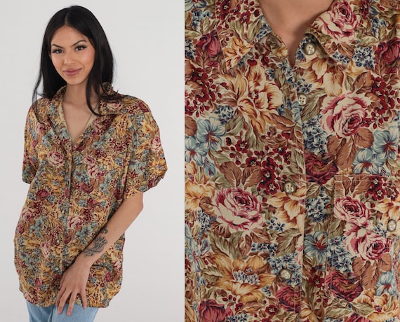 Floral Blouse Y2K Button Up Shirt Rose Flower Print Short Sleeve Top Rayon Collared Retro Brown Pink Red Green Blue Vintage 00s Large L
