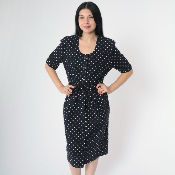 90s Black Polka Dot Midi Dress Vintage Button Up Dress Retro Preppy High Waisted Shift Short Sleeve Secretary Preppy 1990s Medium M