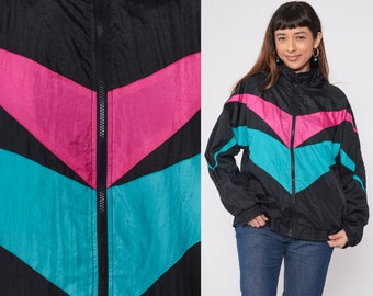 90s Windbreaker Black Striped Zip Up Track Jacket Pink Blue Chevron Color Block Warmup Retro Streetwear Lined Nylon Vintage 1990s Medium M
