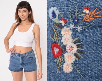 Floral Embroidered Jean Shorts 00s LEI Mid Rise Blue Denim Shorts 00s Vintage Retro Summer Jean Shorts Small S
