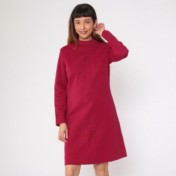 Burgundy Shift Dress 60s 70s Heart Wool Blend Mod… - image 3