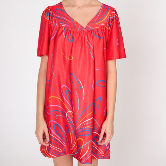 80s Lounge Dress Red Mini Tent Dress Abstract Flo… - image 7