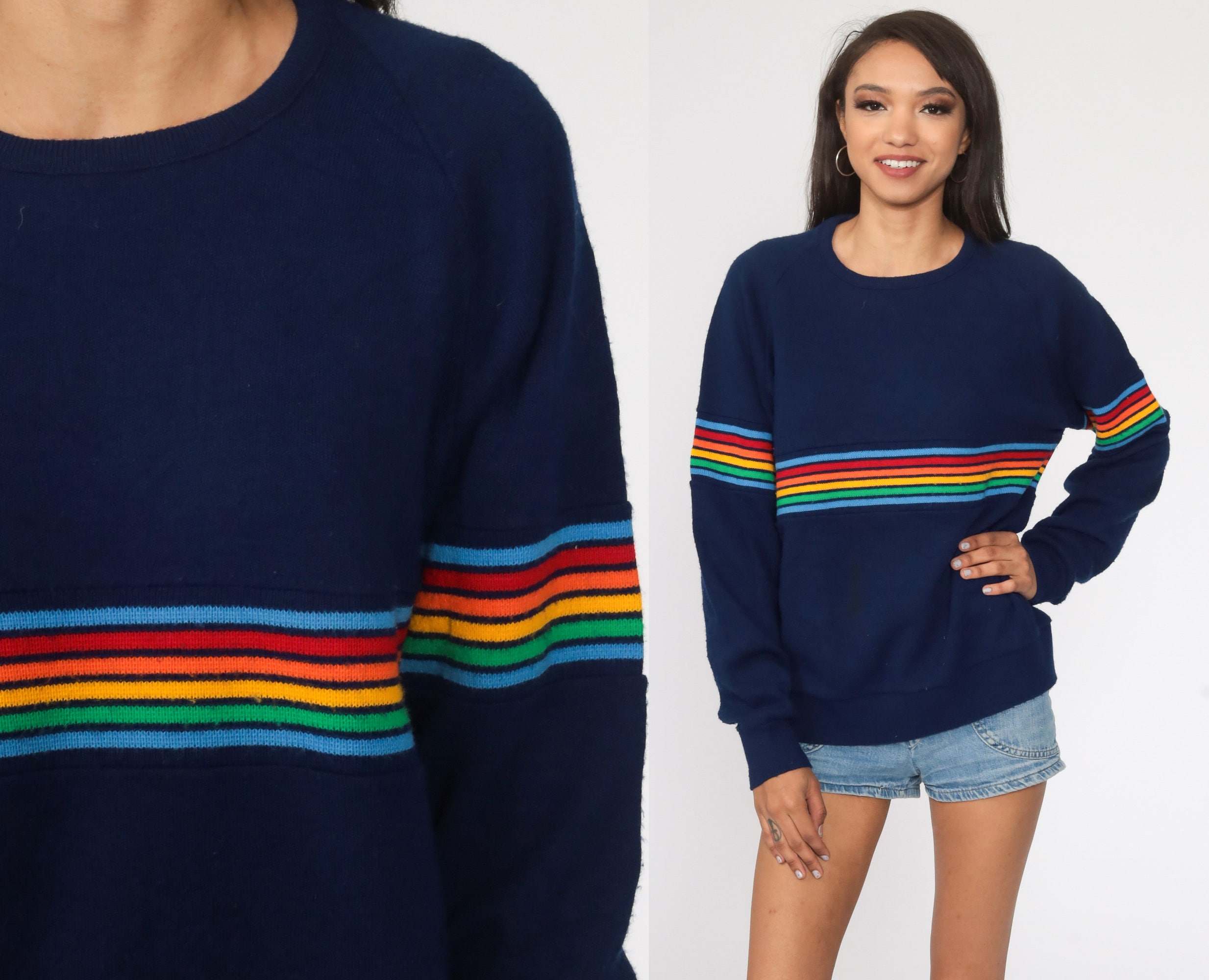 Rainbow Sweater 80s Navy Blue Striped 