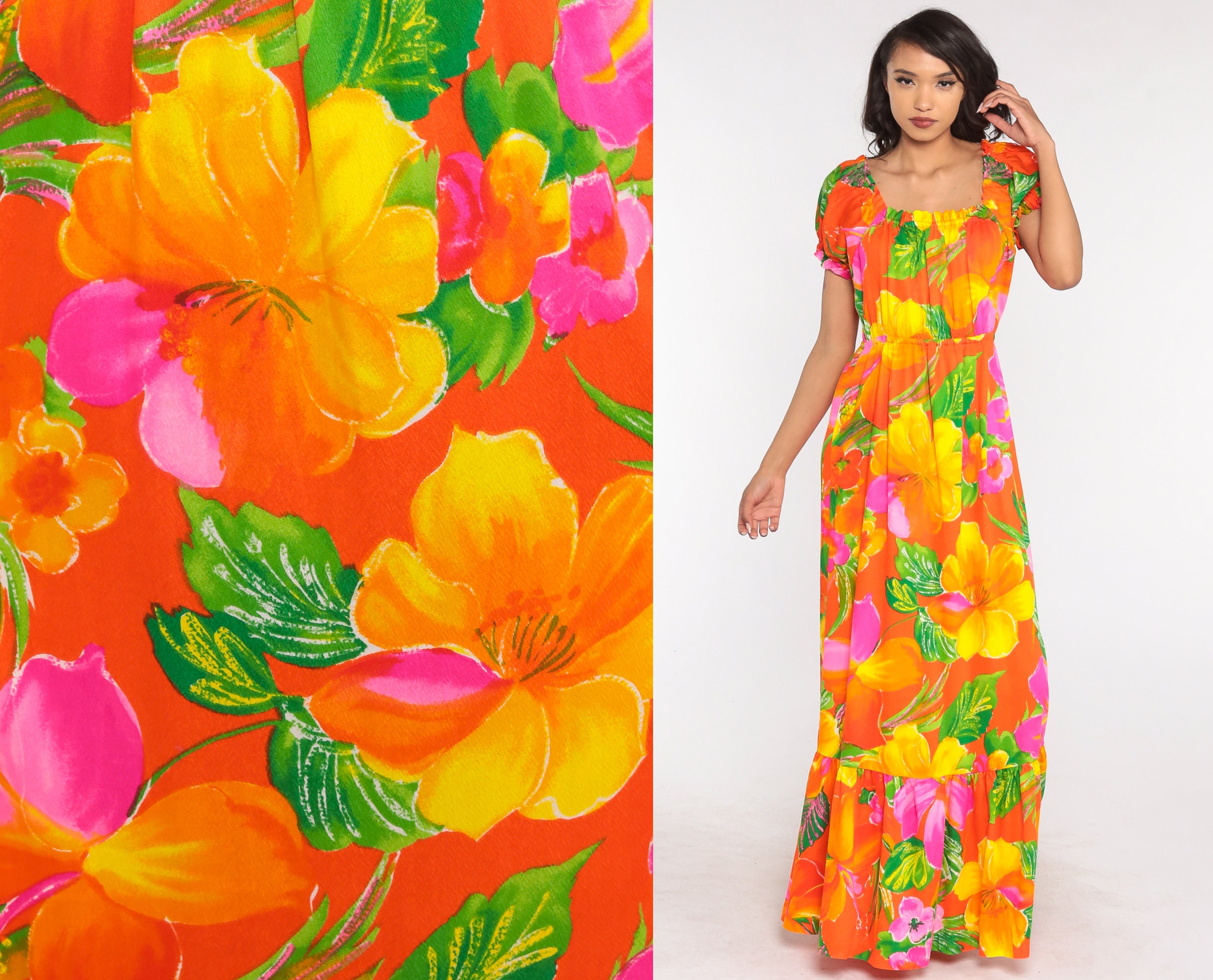 Tropical Peasant Dress Floral Maxi 