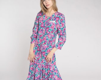 Vintage Floral Midi Dress 90s Button Up Day Dress Pink Rose Flower Print Long Sleeve Drop Waist Ruffle Shirtdress Rayon 1990s Small Medium
