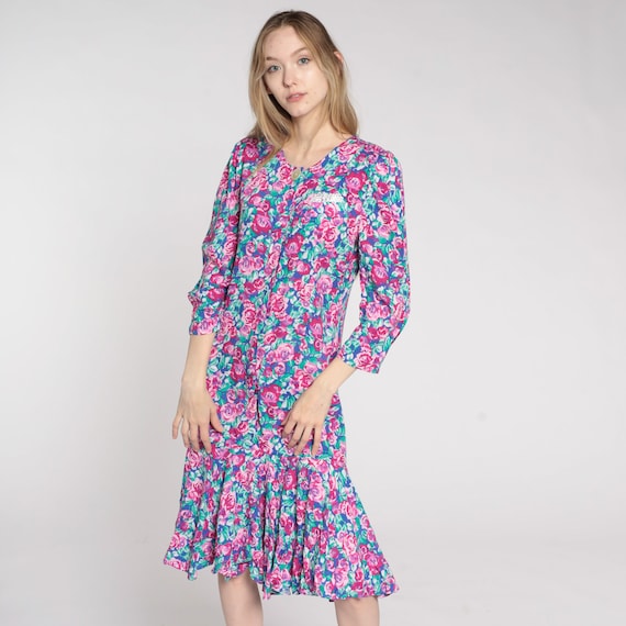 Vintage Floral Midi Dress 90s Button Up Day Dress Pink Rose Flower Print Long Sleeve Drop Waist Ruffle Shirtdress Rayon 1990s Small Medium