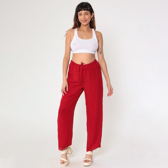 Vintage Red Silk Pants Y2K Lauren Ralph Lauren Polka Dot Pull On Lounge Trousers 2000s Wide Straight Leg Elastic Waist Medium M