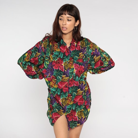 Tropical Floral Shirt 80s Button Up Blouse Dark Flower Print Grunge Long Sleeve Collared Top Boho 1980s Vintage Bohemian Hippie Top Large L