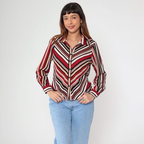 Vintage Y2K Chevron Stripe Top Red Brown Long Sleeve Button Up Shirt Collared 00s Boho Hippie White Tan Small S