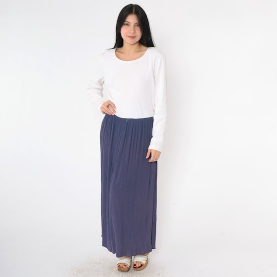 Vintage Two Tone Maxi Dress 90s Blue White Long Sleeve Simple Plain Low Waist Minimalist 1990s Modest Large 12