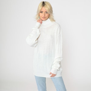 White Turtleneck Sweater 80s Semi-Sheer Cable Knit Pullover Sweater Retro Basic Lightweight Cableknit Fall Vintage 1980s Extra Large xl Long