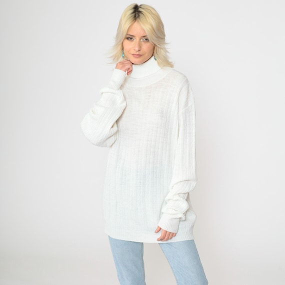 White Turtleneck Sweater 80s Semi-Sheer Cable Knit Pullover Sweater Retro Basic Lightweight Cableknit Fall Vintage 1980s Extra Large xl Long