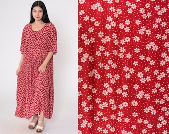 Red Floral Dress 90s Maxi Dress Short Puff Sleeve White Ditsy Flower Print Day Dress Casual Summer Sundress Vintage 1990s More Jazz 2xl xxl
