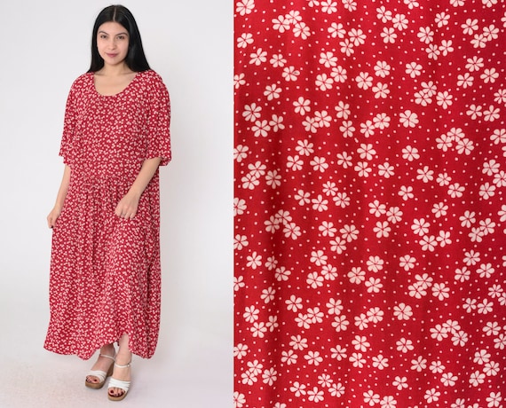 Red Floral Dress 90s Maxi Dress Short Puff Sleeve White Ditsy Flower Print Day Dress Casual Summer Sundress Vintage 1990s More Jazz 2xl xxl