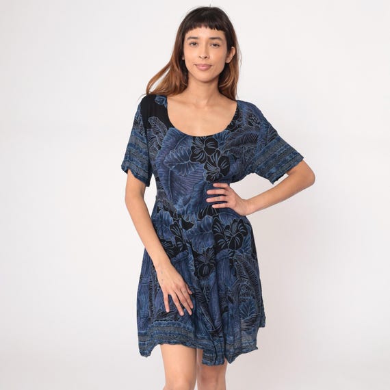90s Floral Dress Navy Blue Tropical Short Sleeve Tie Belt Scoop Neck Hibiscus Palm Fronds Summer Vacation Beach Resort Sundress Small S