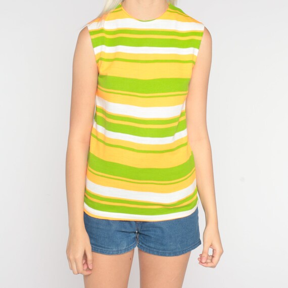 70s Tank Top Green Striped Shirt Orange Retro Sle… - image 7