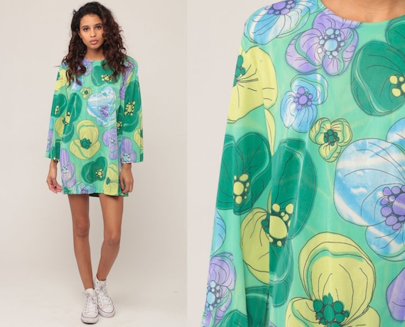 Floral Blouse 60s Mod Floral Print 70s Hippie Blouse Boho Shirt Micro Mini Dress Tunic Wide Sleeve Vintage Bohemian Green Large