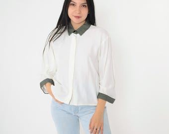 Vintage 90s White Shirt Hidden Button Up Placket Black Checkered Contrast Collar New Old Stock 1990s 3/4 Sleeve Plain Monochrome Large L